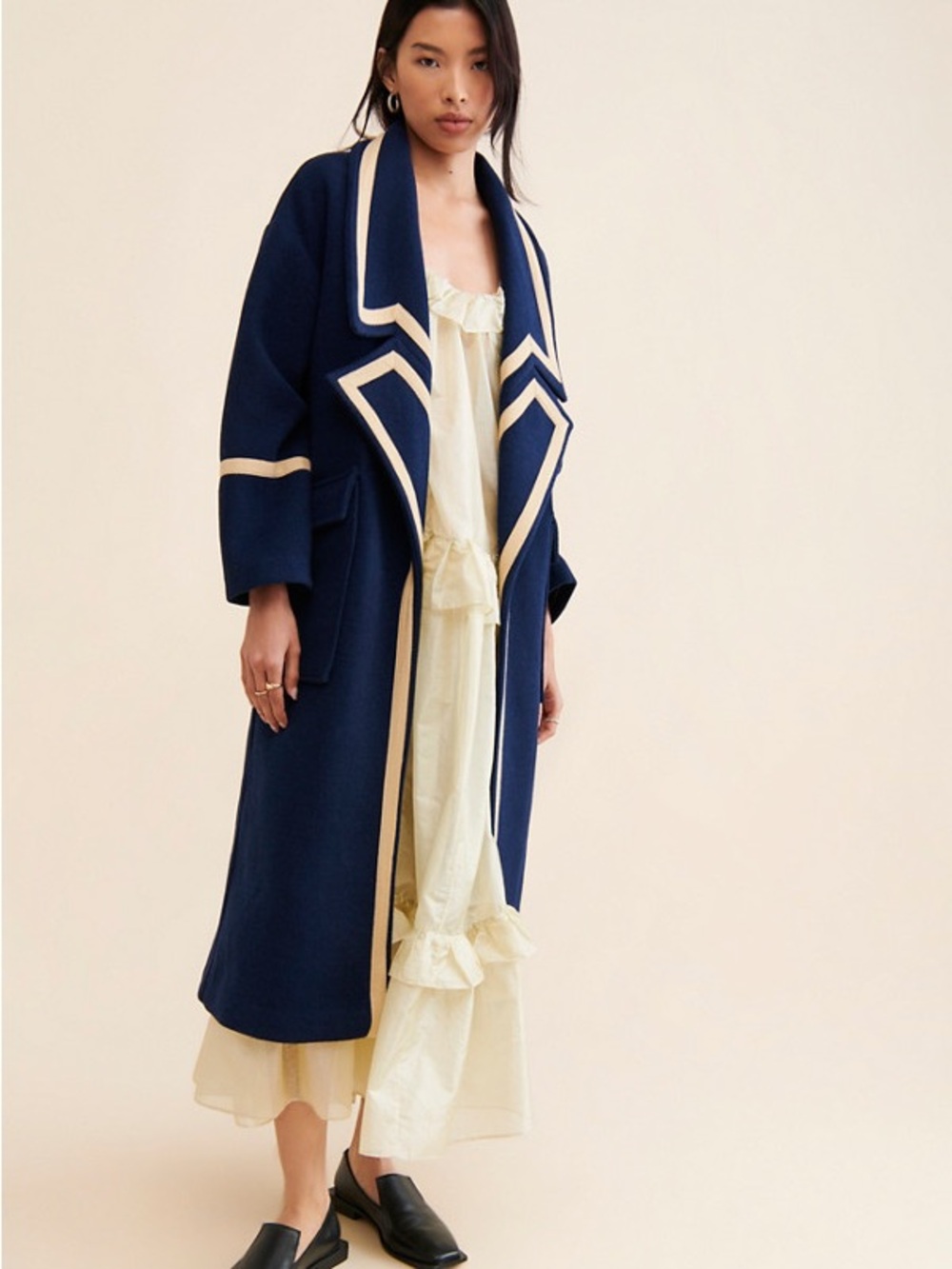 Navy & Cream Trim Long Trench Coat